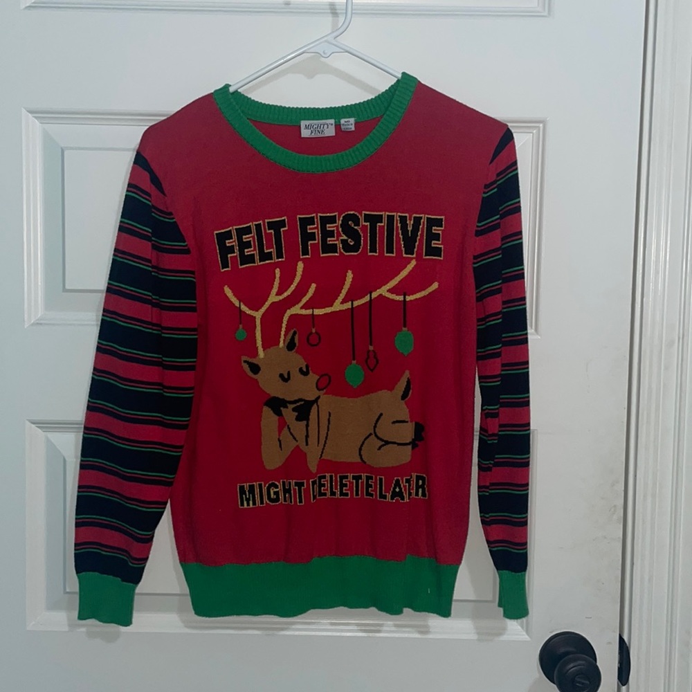 Size medium red and green christmas sweater with reindeer and words on the front